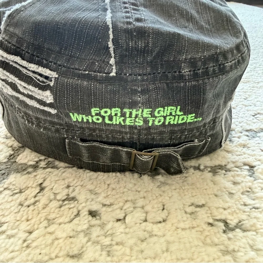 Woman’s Distressed Military Style Black Hat with Green Embroidery - Picture 4 of 9